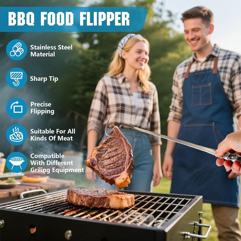 Mpbxisn Meat Flipper, Grill Hooks for Turning, Heavy Duty Stainless Steel BBQ Turner Hooks with Long Handle for Flipping Ribs, Pork Shoulder, Roast on Smoker Grilling (A) - Image 2